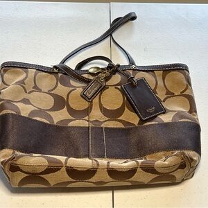 Coach Signature Strip Shoulder Tote - Brown